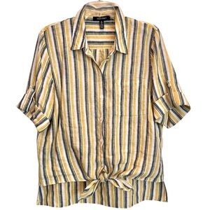Ellen Tracy Size L Yellow/Gray Stripe Linen Button/Tie Front Short Sleeve Top